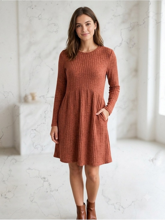 Ofeefan Dresses & Skirts - OFEEFAN Ribbed Knit Long Sleeve Tunic Dress Boho Casual Pockets Empire Waist M